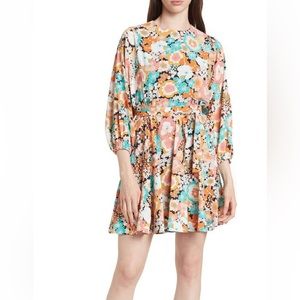 MELLODAY Floral print Tie waist 3/4 Sleeved Casual Dress Pink Orange Turquoise